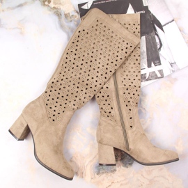 POTOCKI Cizme de dama, ajurata, piele intoarsa maro Daszyński bej 1 POTOCKI Cizme de dama, ajurata, piele intoarsa maro Daszyński bej 1