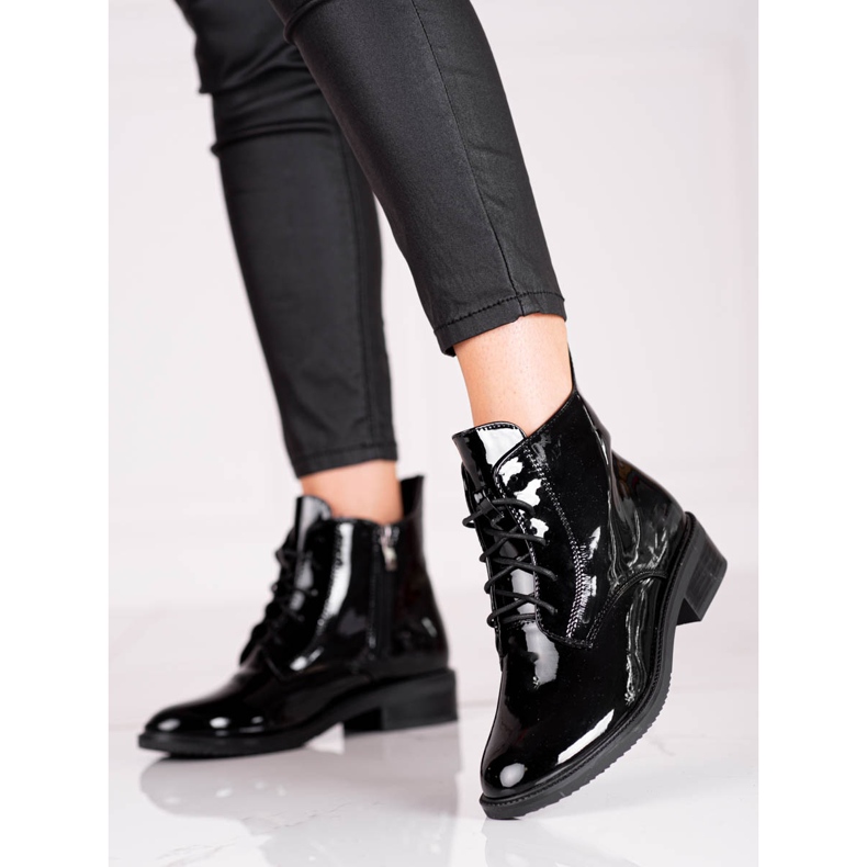 Cizme Shelovet de dama elegante sirelate din piele ecologica lacuita negru 1