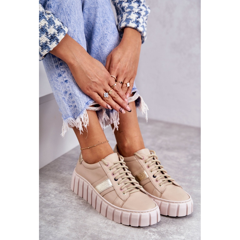 PA2 Pantofi Sport Femei Piele Legat Bej-Auriu Ariva maro 1