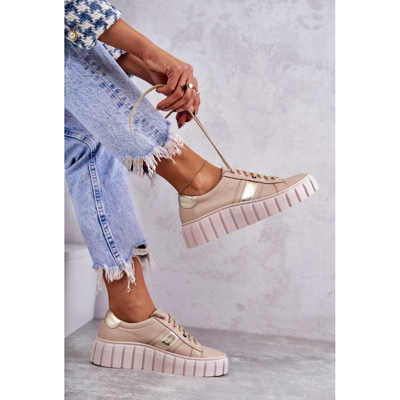 PA2 Pantofi Sport Femei Piele Legat Bej-Auriu Ariva maro 2