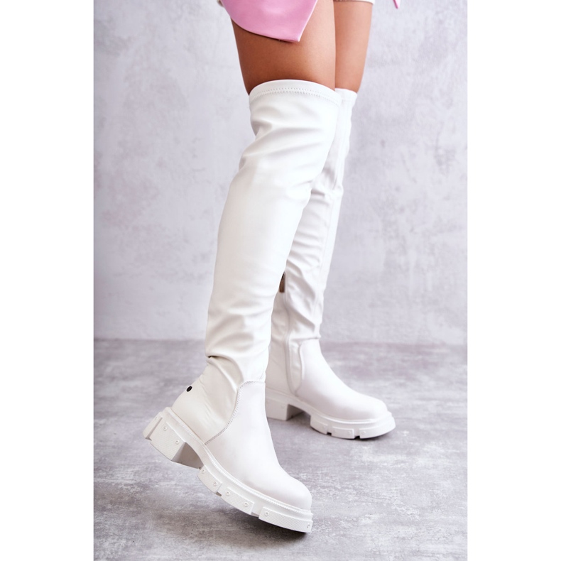 Cizme din piele peste genunchi pe toc plat GOE KK2N4022 alb 1
