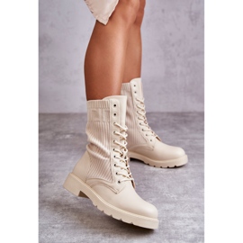 FS1 Botine de damă cu ciorap pe toc plat bej Liam maro 2