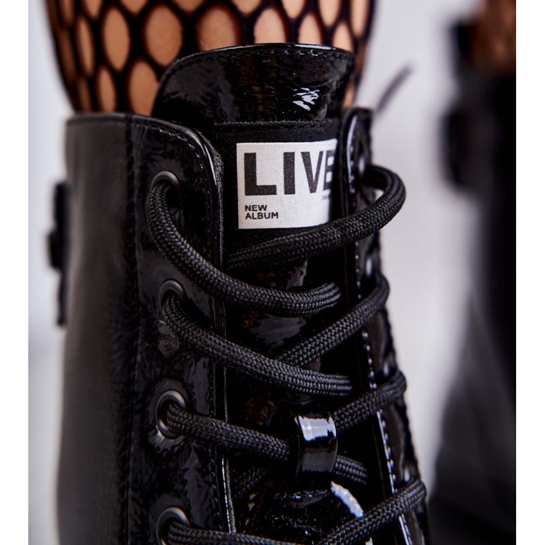 S.Barski Cizme lăcuite de damă cu șireturi Workers Black Conny negru 2