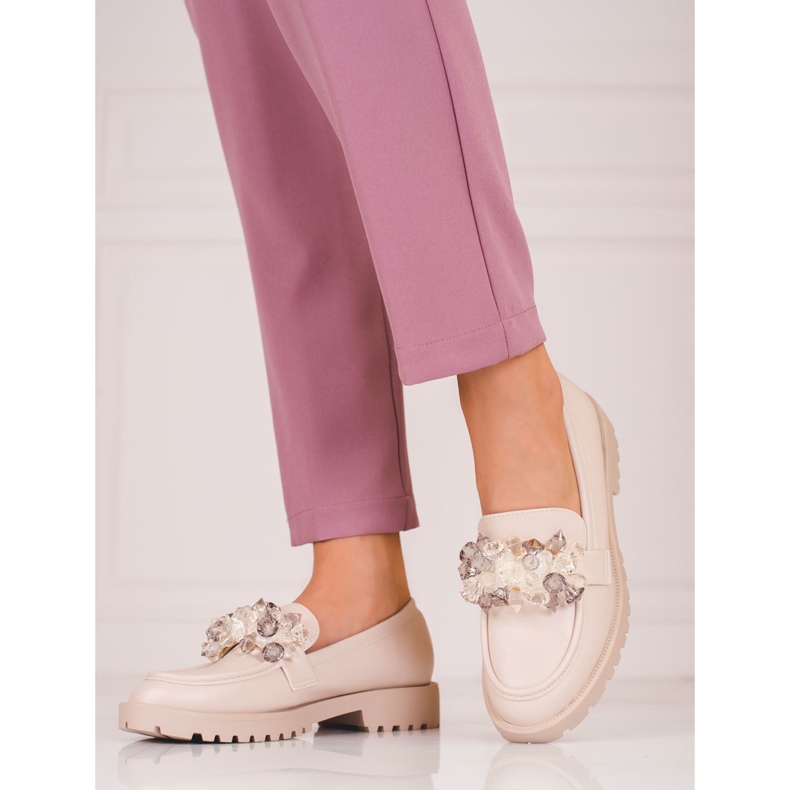 Mocasini de dama Shelovet din piele intoarsa cu cristale bej 1