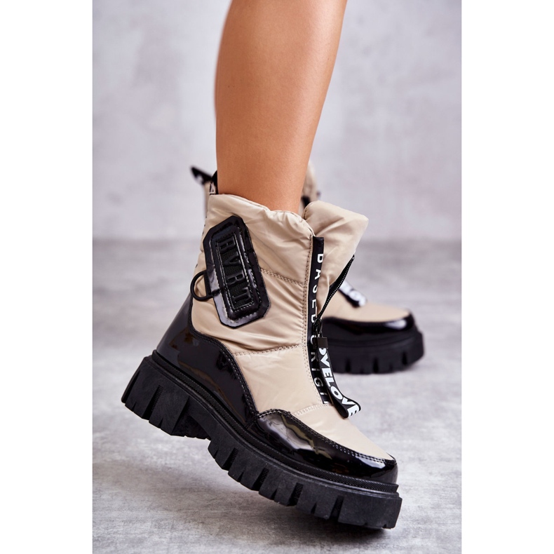 PM1 Cizme De Zăpadă De Damă Bej și Negru Cu Fermoar Marit 2