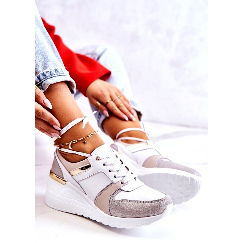 S.Barski Pantofi sport din piele pe o pană Rayana albă și gri 3