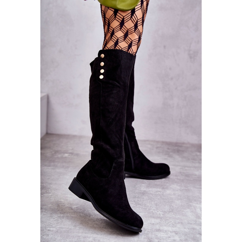 S.Barski Cizme negre Laura calde din piele intoarsa cu toc plat negru 1