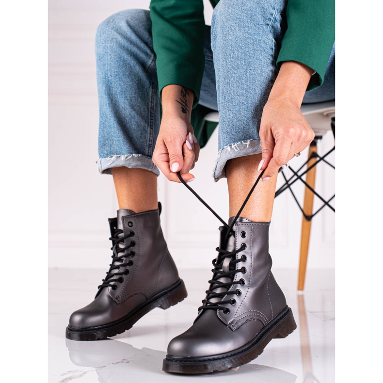 Cizme de damă cu șireturi Shelovet, gri, cu luciu metalic 1