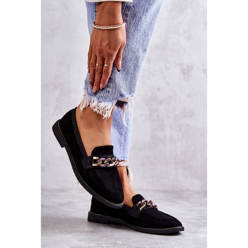 FB2 Mocasini de dama din piele intoarsa cu un lant unghii negre negru 3