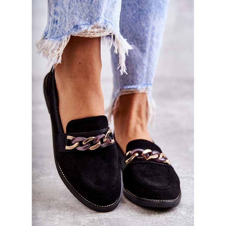FB2 Mocasini de dama din piele intoarsa cu un lant unghii negre negru 1