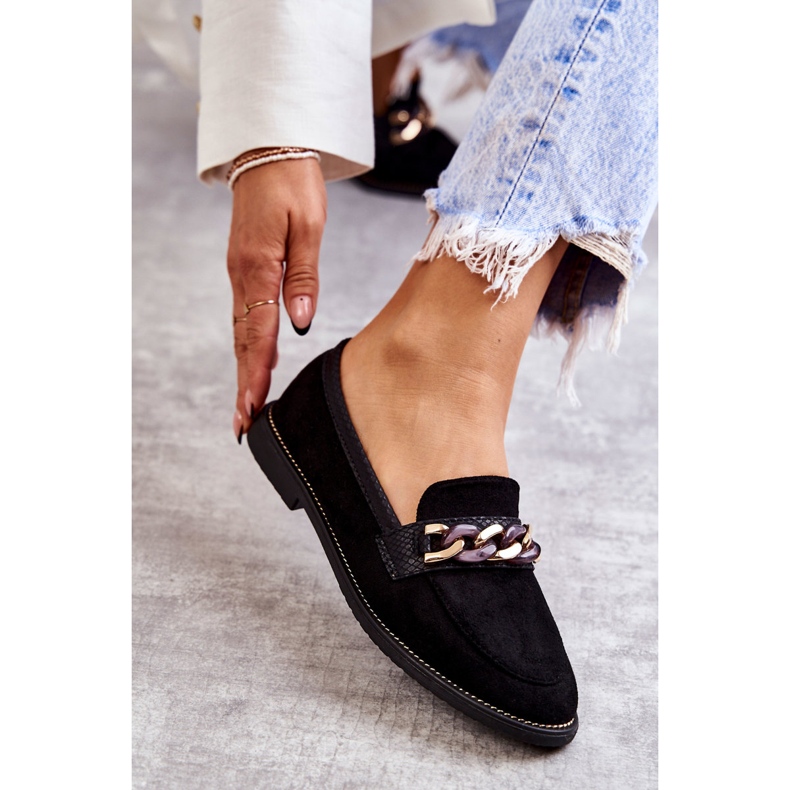 FB2 Mocasini de dama din piele intoarsa cu un lant unghii negre negru 4