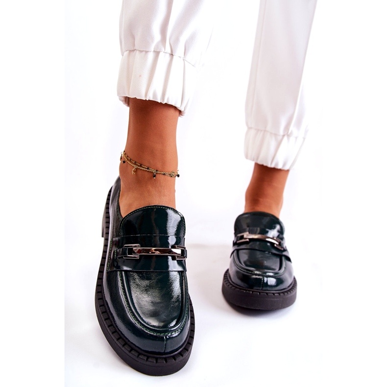 Lemar Încălțăminte din piele pentru femei, lăcuite cu un decor de argint verde 1