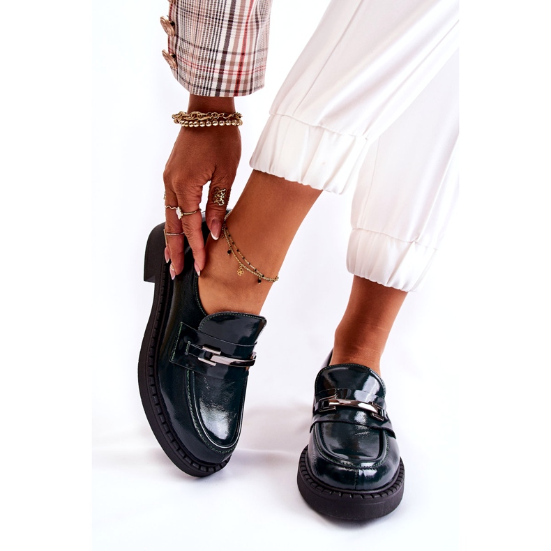 Lemar Încălțăminte din piele pentru femei, lăcuite cu un decor de argint verde 3