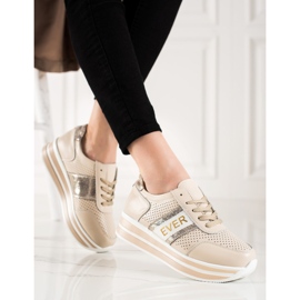 SHELOVET Tenisi din piele bej pe platforma Goodin de aur 1