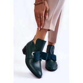 Pantofi din piele cu fundita de piele intoarsa, verde 1