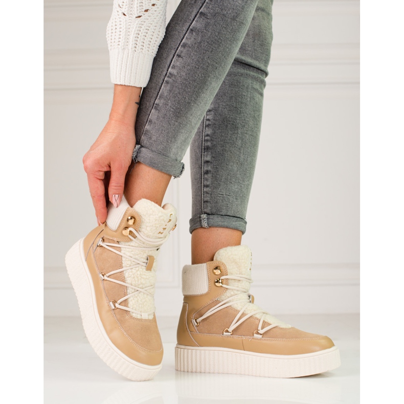 Cizme de zăpadă de damă din piele bej Shelovet pe platformă maro 1