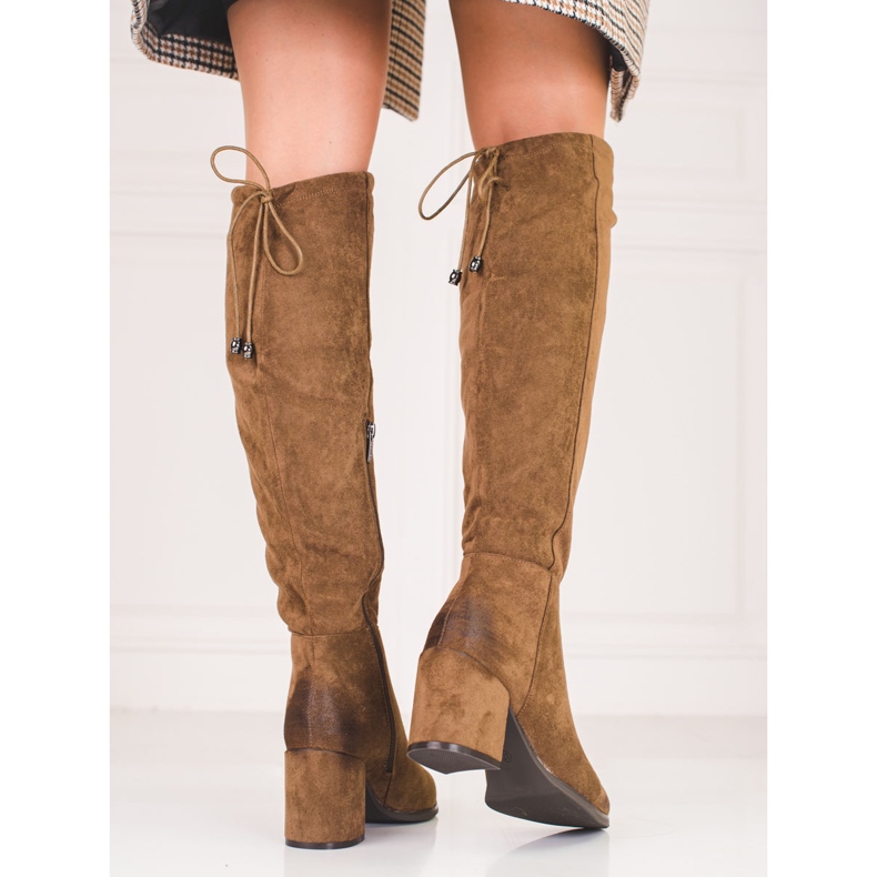 Cizme Shelovet de dama elegante din piele intoarsa ecologica maro 1