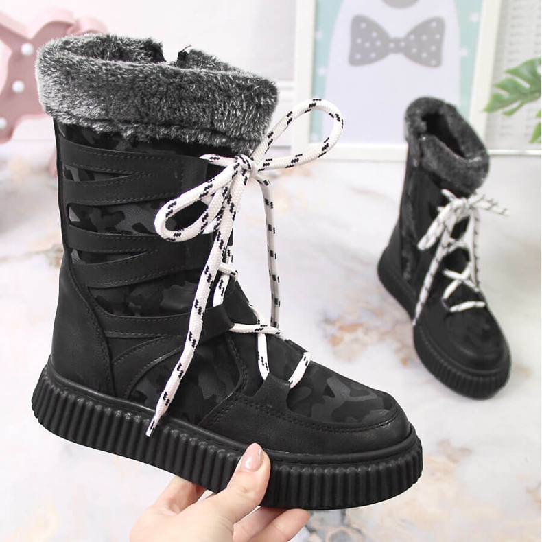 Pantofi de fete Potocki negri cu blană negru 1