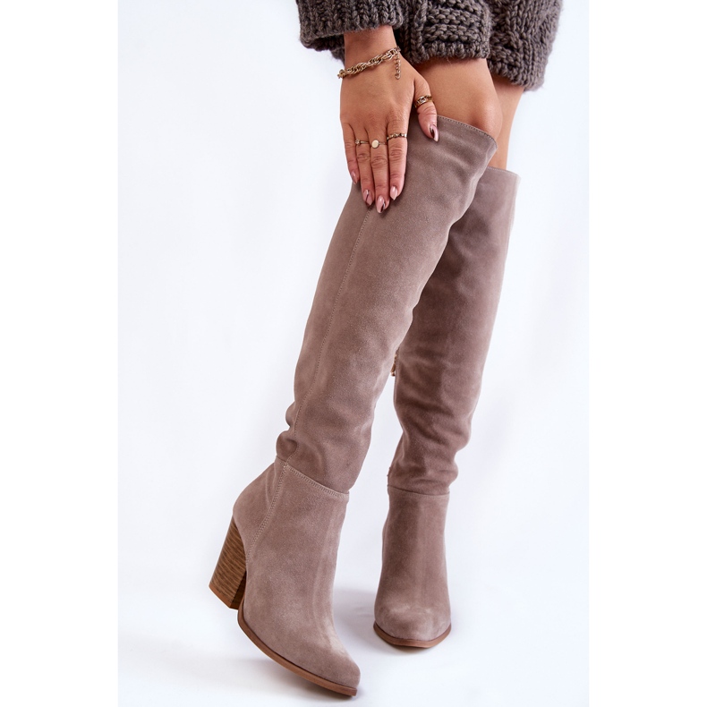 Lewski Shoes Cizme peste genunchi din piele intoarsa de dama Lewski 2833 gri bej 1