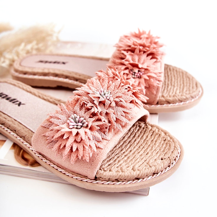 WJ1 Papuci De Dama Cu Flori Tesatura Roz Susana 1