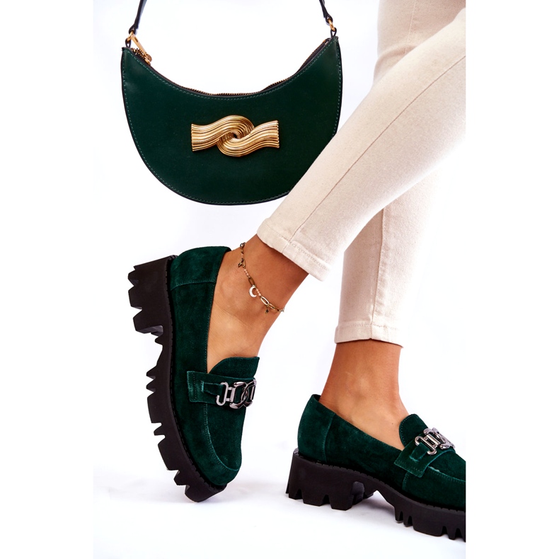 Încălțăminte din piele de căprioară pentru femei cu decorare Laura Messi 2489 Green verde 2