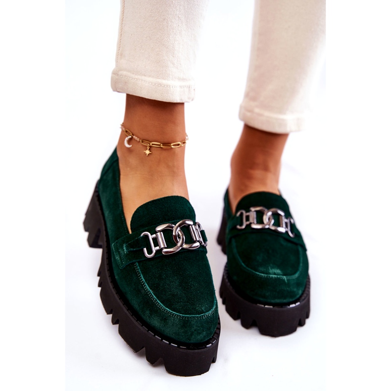 Încălțăminte din piele de căprioară pentru femei cu decorare Laura Messi 2489 Green verde 3