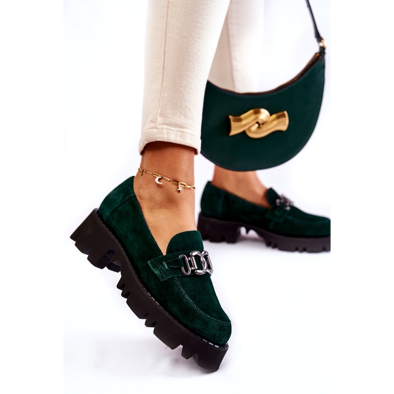 Încălțăminte din piele de căprioară pentru femei cu decorare Laura Messi 2489 Green verde 4