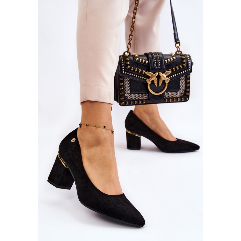 PS1 Pompe clasice din piele intoarsa cu toc inalt cu decor negru Derren 2