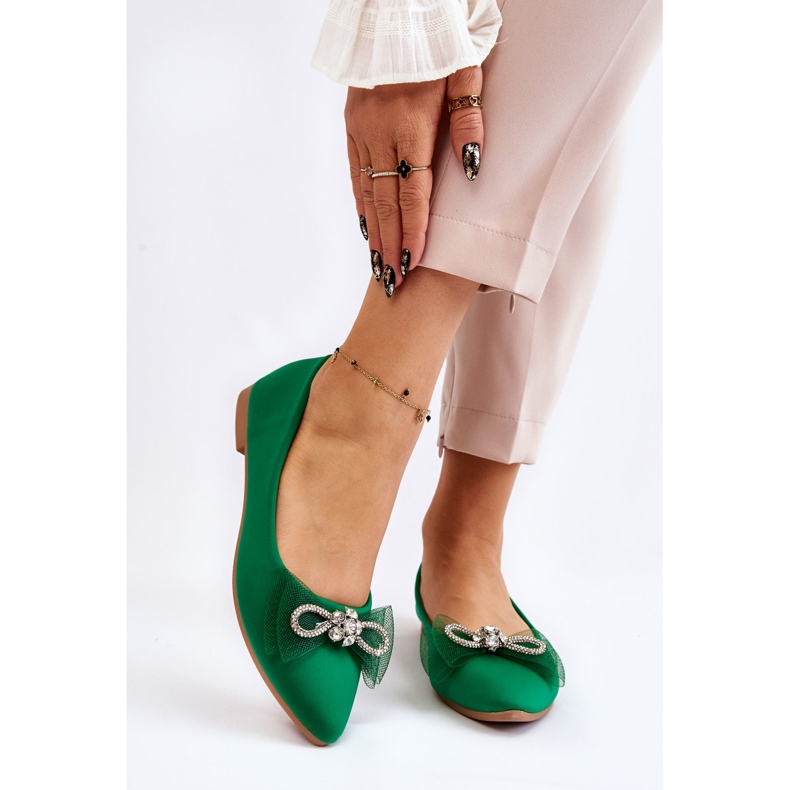 PS1 Balerini ascuțiți de damă cu fundă decorativă verde luminoasă 1