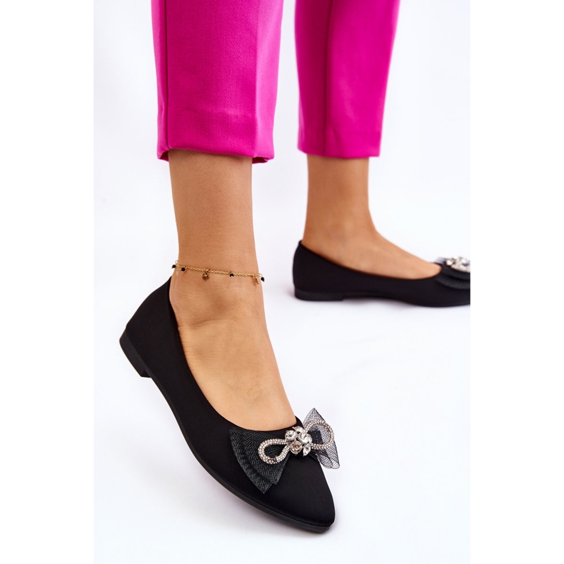PS1 Balerini ascuțiți de damă, cu fundă decorativă, negru, luminos 2
