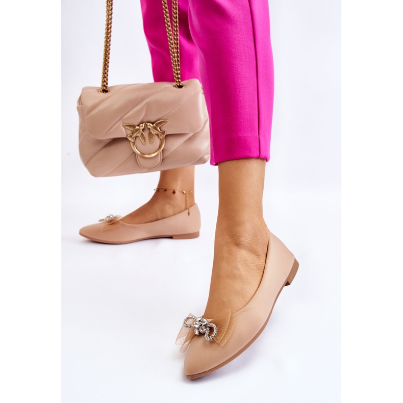 Balerini ascuțiți de damă, cu fundă decorativă, bej închis, luminoși 2