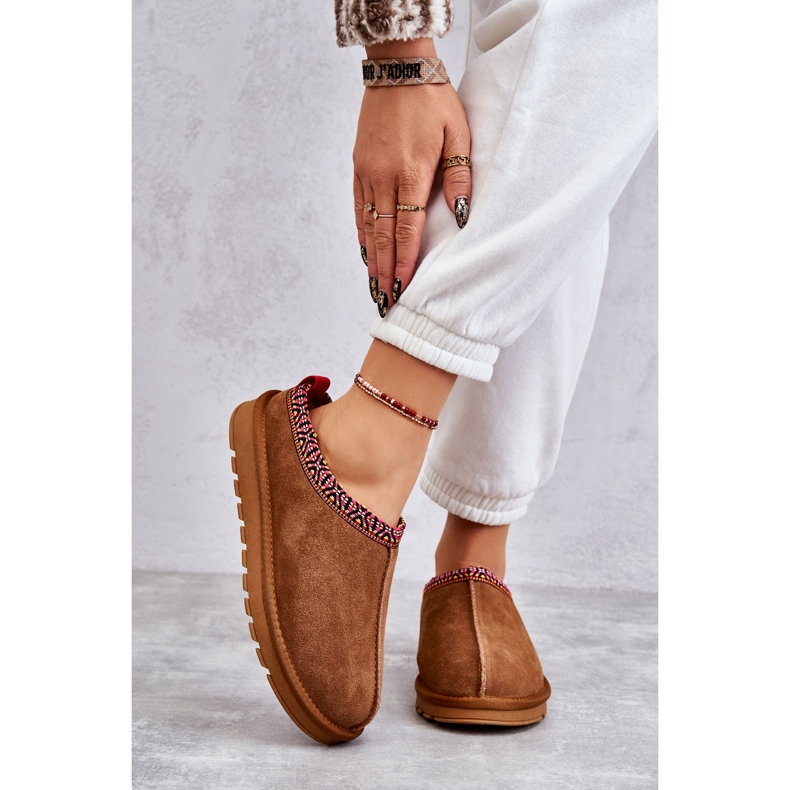 Papuci de damă din piele intoarsa cu blana de camila Buffie maro 2