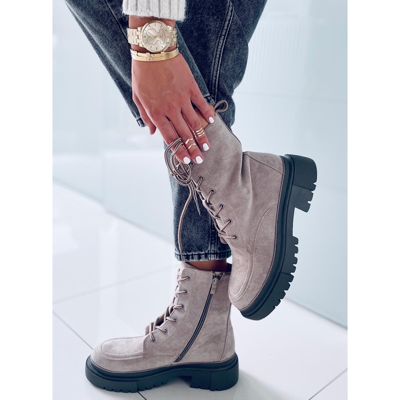 Cizme Roisin Khaki din piele intoarsa cu siret bej 2