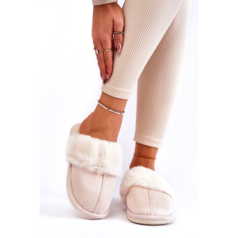 Papuci netede pentru femei cu blană strălucitoare bej 1