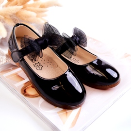 Vinceza Balerini pentru copii din piele lacuita cu Velcro si fundita, negri negru 3