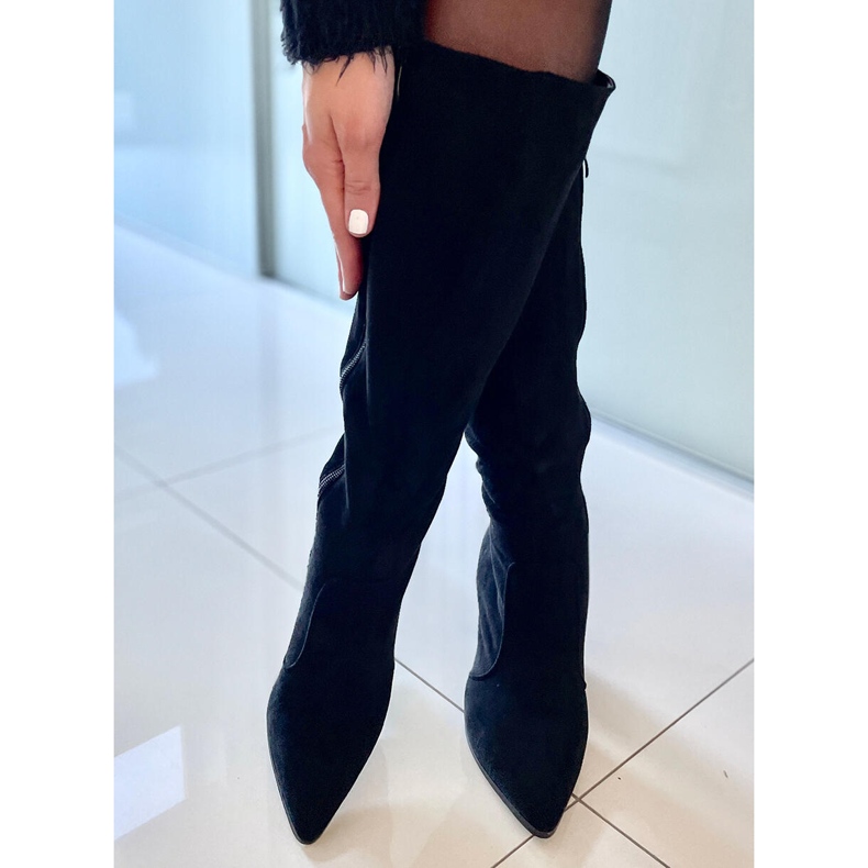 PA1 Farrah Cizme negre din piele intoarsa cu toc negru 2