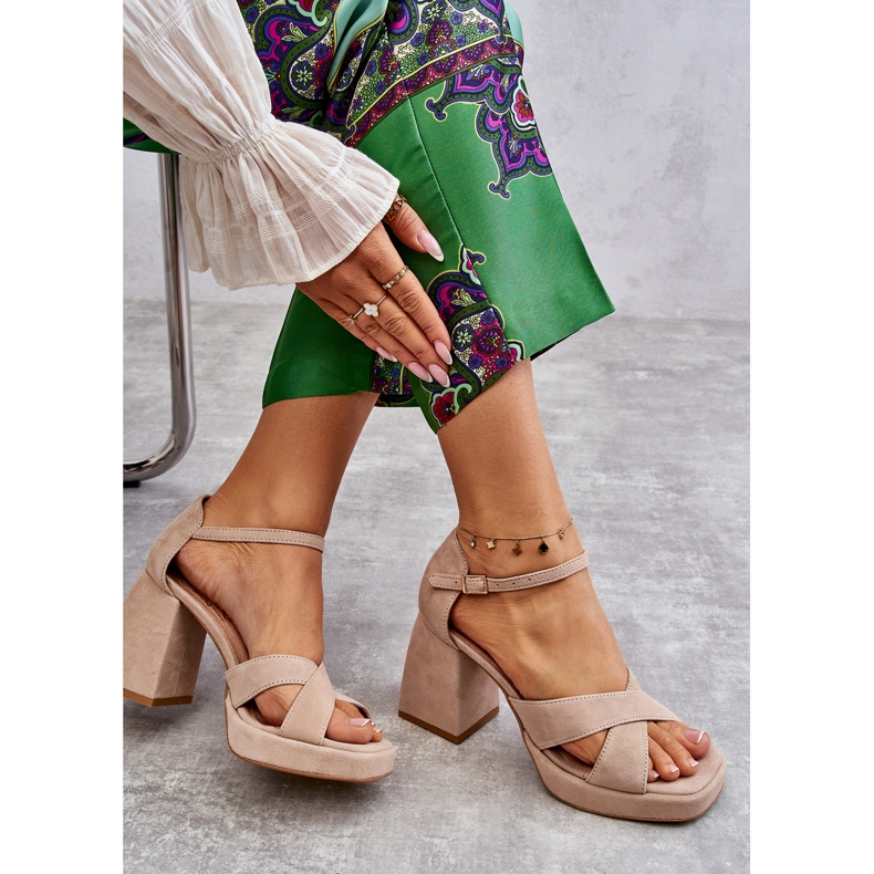 Lewski Shoes Sandale De Damă De piele intoarsa Cu Toc Pantofi Stânga 3221 Bej maro 1