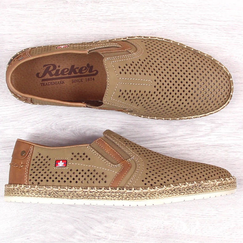 Pantofi slip-on pentru bărbați din piele ajurata bej Rieker B5297-64 2