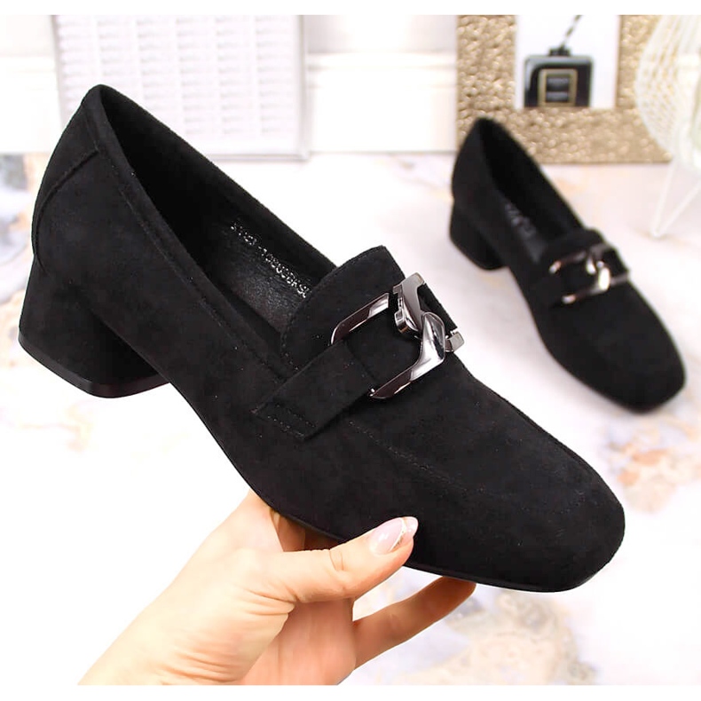 Pantofi de piele intoarsa neagra cu toc mic Vinceza 10869 negru 1