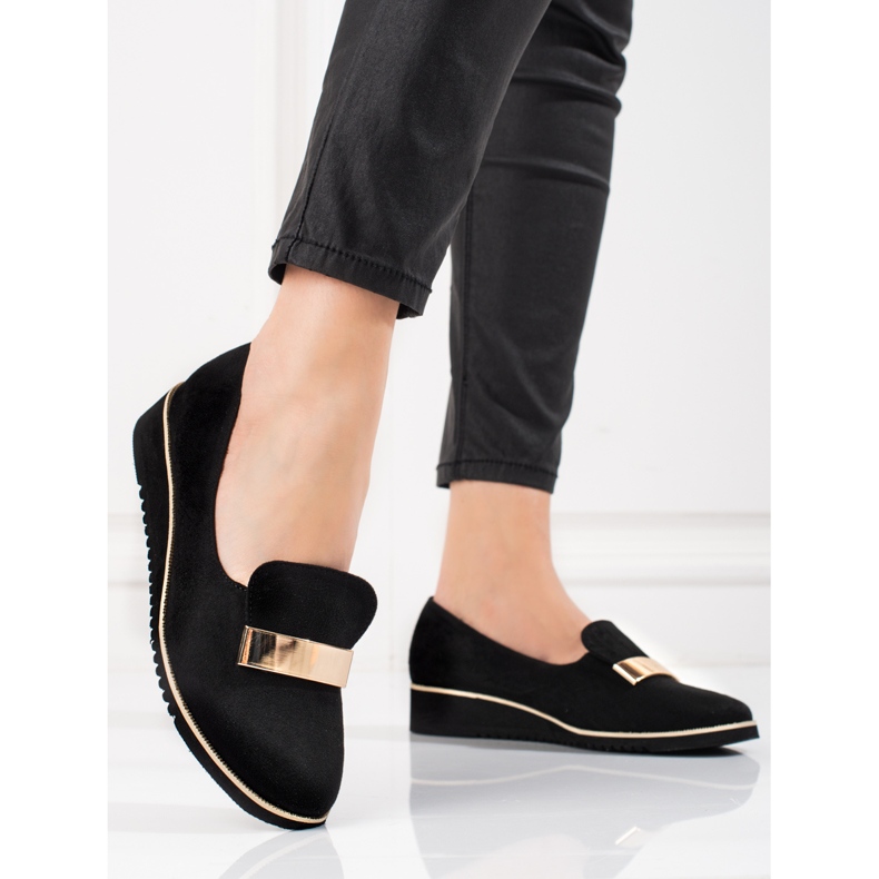 Pantofi de dama usori Shelovet cu decor auriu din piele intoarsa negru 1