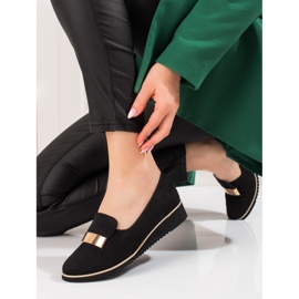 Pantofi de dama usori Shelovet cu decor auriu din piele intoarsa negru 2