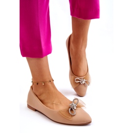 Balerini de damă cu vârf ascuțit, cu fundă decorativă, bej închis 3