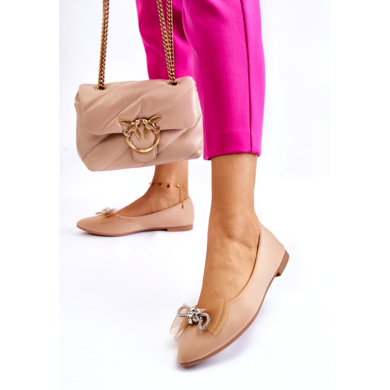 Balerini de damă cu vârf ascuțit, cu fundă decorativă, bej închis 1