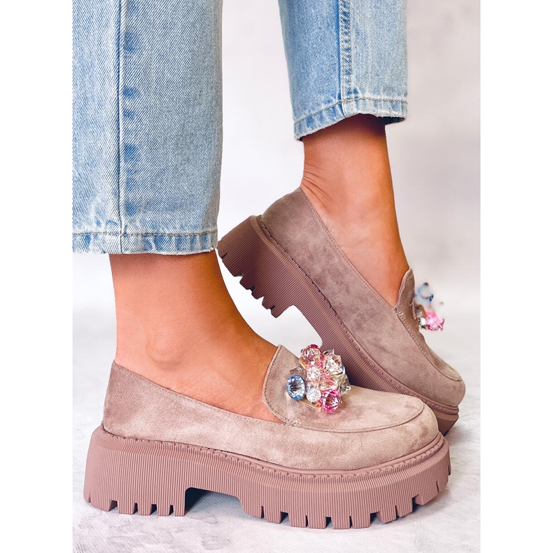 PA1 Mocasini cu platforma Stefani Khaki cu margele bej 1