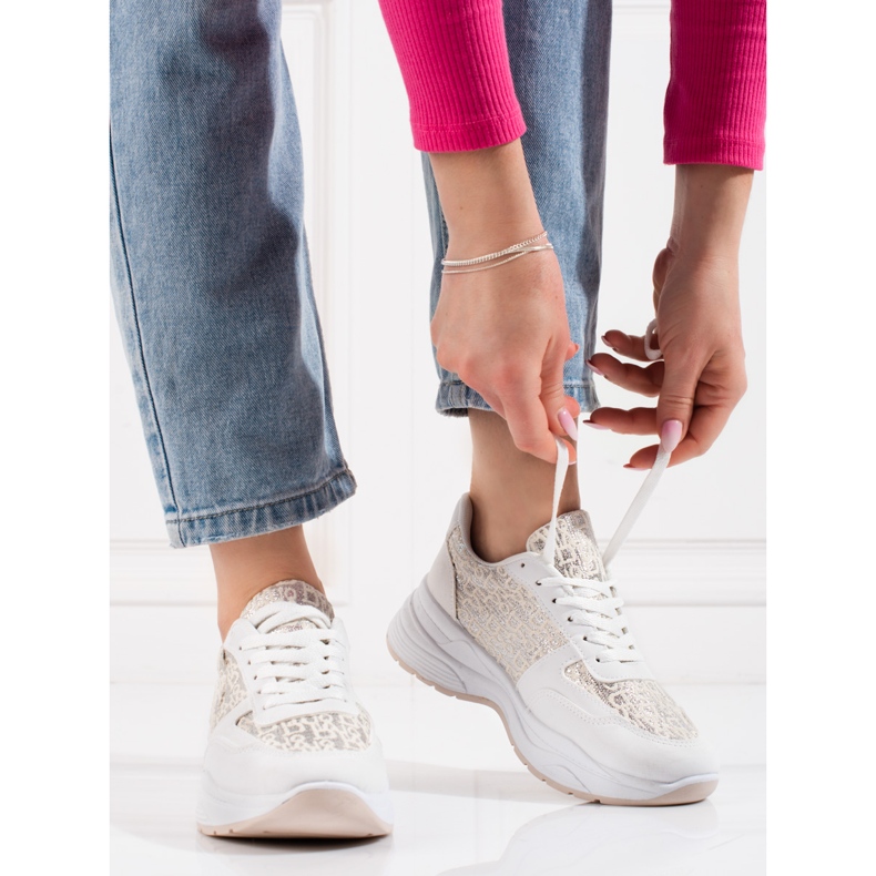 Pantofi sport de dama Shelovet cu model stralucitor alb argint 1 Pantofi sport de dama Shelovet cu model stralucitor alb argint 1