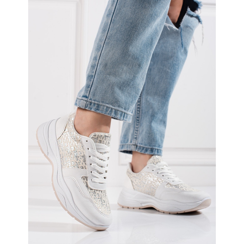 Pantofi sport de dama Shelovet cu model stralucitor alb argint 2