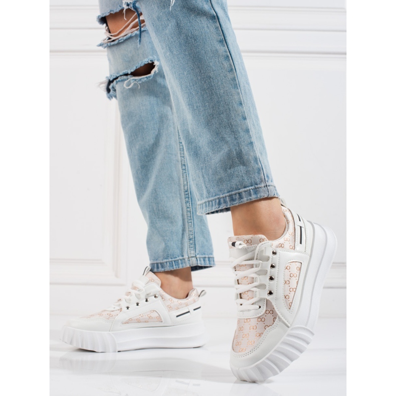 Pantofi sport de damă Shelovet albi cu talpă groasă bej de aur 1