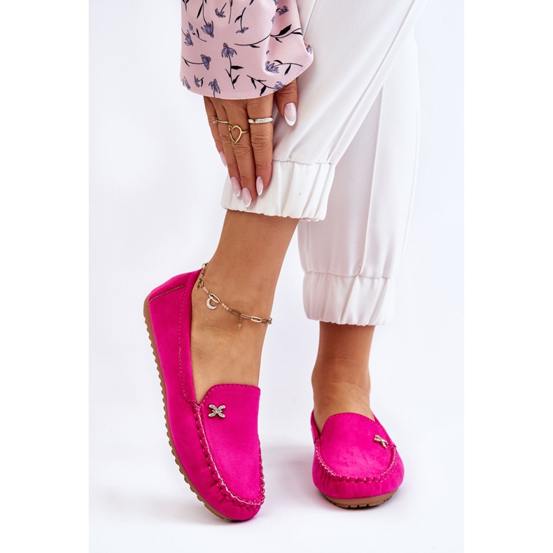 Mocasini de damă din piele intoarsa cu ornamente fucsia Leah roz 1