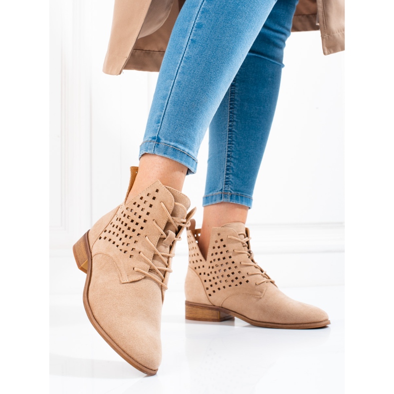 W. Potocki Cizme de damă ajurate cu șireturi Potocki bej 2