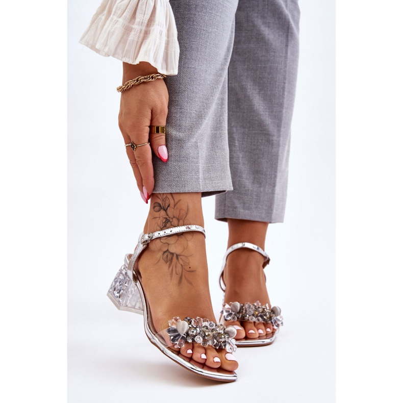 S.Barski Sandale de damă cu toc mic, cu ornamente, argintiu Benicio 1